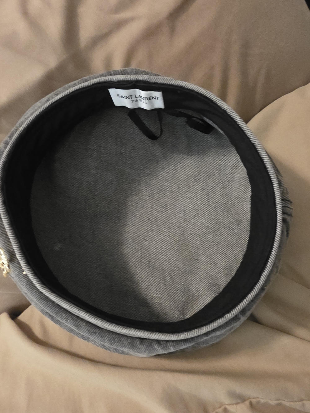 Look-A-Like Yves Saint Laurent Gray Corduroy Baker Boy Hat with Gold Logo - Picture 4 of 4
